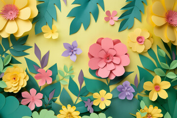Paper craft Flower Decoration Concept. Flowers and leaves made of pape. Generative AI