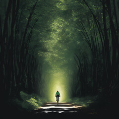 A cyclist riding through a tunnel of trees.