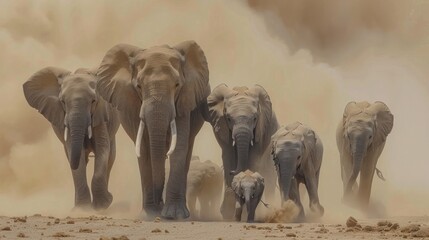 Stampede of Elephant. Display of Nature Giants in Motion. Sandy Backdrop of the African Wilderness, a Herd of Elephants Races Across the Desert - obrazy, fototapety, plakaty
