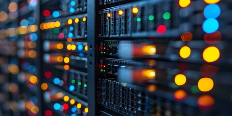 Exploring the Intricacies of Data Center Network Server Racks with Illuminated Data Lines. Concept Data Center Network, Server Racks, Illuminated Data Lines, IT Infrastructure