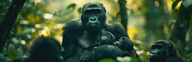 Obraz premium Gorillas and Their Young. Glimpse into Primate Parenthood in the Heart of the Rainforest. Amidst the Lush Greenery of Uganda and Rwanda
