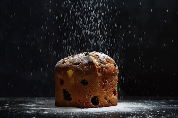 easter bread christmas panettone glass sugar falls dusted on the panettone on a dark background - obrazy, fototapety, plakaty