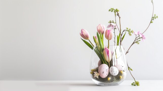 Easter decoration in a glass oval container, white background