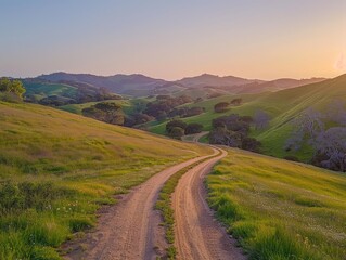 Journey Through Nature's Tapestry. Pathway Meandering Through Rural Splendor. Traverse Meadows Painted in Shades of Green Greet Every Step