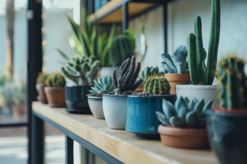 Aesthetic home with cactus and plants on a wooden shelf. Generative AI