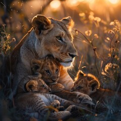 Naklejka premium Mother Lion and Cubs. Capturing the Essence of Family in the African Wilderness. An Intimate Portrait of Wildlife in Tanzania Savannah