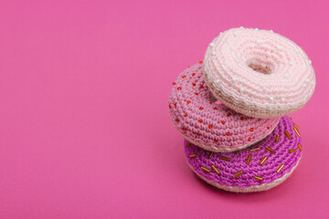 Handmade crocheted donuts with shiny beads. Festive Valentines or Mothers Day, greeting card