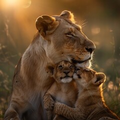 Mother Lion and Cubs. Capturing the Essence of Family in the African Wilderness. An Intimate Portrait of Wildlife in Tanzania Savannah