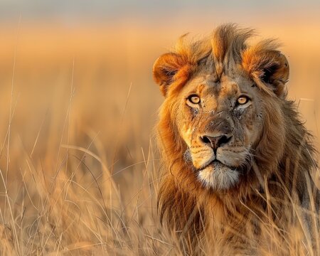 Majestic King of the African Savannah. Lion, the Wild Beauty of Nature. A Dangerous Predator, the Symbol of Africa's Wilderness
