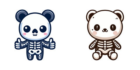 A cartoon vector icon depicting a panda bear and a panda bear skeleton side by side.