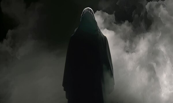 Mysterious figure in a cloak among smoke on a black background. The concept of secrecy and mystique.
