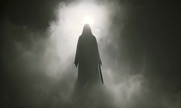 Mysterious silhouette in a hood surrounded by fog and light. The concept of mystery and the unknown.