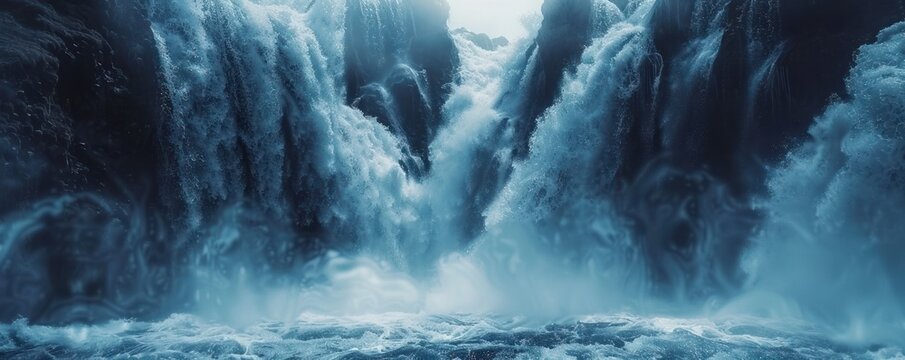 Majestic Waterfall. A Cascade of Liquid Energy, Where River Meets Rock in a Powerful Dance. The Rushing Waters Paint the Landscape with Shades of Blue and White