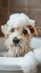 Dog amusingly covered in bath foam - A cute terrier dog with a head full of soap bubbles looking at the camera during bath time