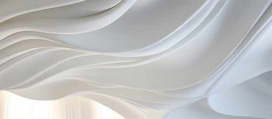 A detailed view of a white curtain with wavy lines, showcasing the texture and design of the stretching ceiling canvas. The curtain is ready for installation in a room.