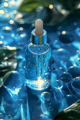 Transparent glass dropper bottle with liquid and oxygen bubbles on background with cosmetic drops in sunlight. Generative AI
