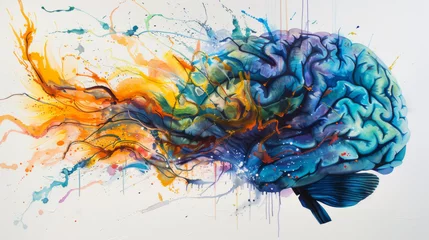 Gordijnen Colorful brain painting with splashes - A vibrant artwork featuring a human brain with dynamic paint splatters in various colors © Mickey
