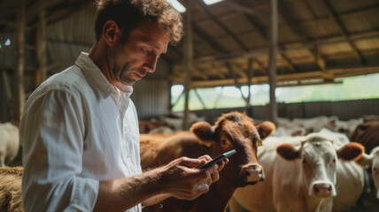 Fototapeta na wymiar A focused farmer in a white shirt uses a smartphone with a herd of cows in the background inside a barn