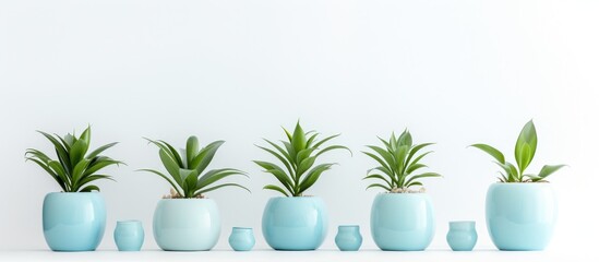 A row of potted plants lined up next to each other on baby blue pottery, set against a clean white background. The pots are filled with various green plants, creating a simple and organized display.