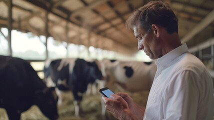 A focused farmer in a white shirt uses a smartphone with a herd of cows in the background inside a barn.