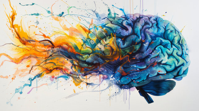 Colorful brain painting with splashes - A vibrant artwork featuring a human brain with dynamic paint splatters in various colors