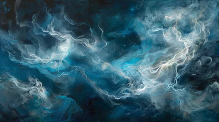 Fotobehang Cosmic Dust Clouds with Blue Nebulous Light - An expansive and nebulous digital art piece evoking a sense of cosmic dust clouds lit by a blue celestial light © Mickey