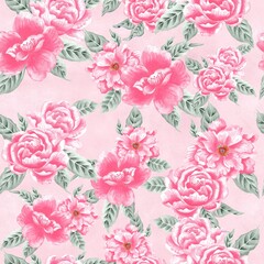 Watercolor flowers pattern, pink tropical elements, green leaves, pink background, seamless