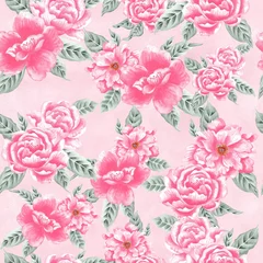 Meubelstickers Watercolor flowers pattern, pink tropical elements, green leaves, pink background, seamless © Leticia Back