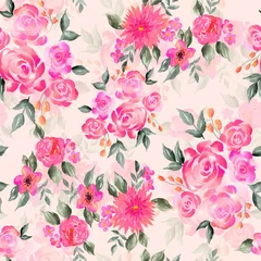  Watercolor flowers pattern, pink tropical elements, green leaves, pink background, seamless © Leticia Back