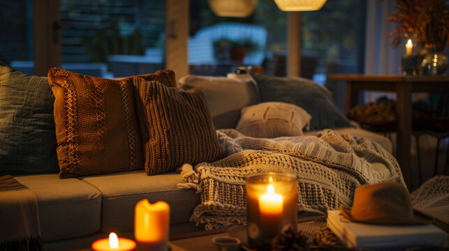 Cozy evening setting with soft candlelight - An intimate image of a cozy autumn evening with soft pillows, warm blankets, and flickering candle flames