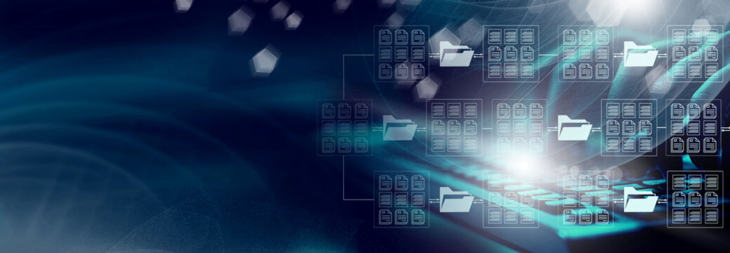  Online documentation database. AI document management system DMS concept.  FTP (File Transfer Protocol), Secure FTP. Internet cloud technology, exchange information and data storage concept.