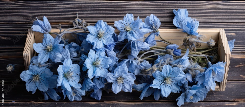 Poster A collection of blue flowers neatly arranged inside a box. The vibrant blue petals contrast beautifully against the green foliage, creating a striking visual display.