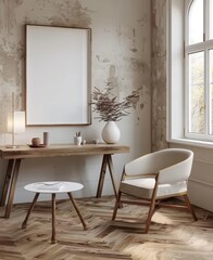 Fototapeta premium Frame Mockup in Cozy Modern Workplace with Interior Background, Presented in 3D Render. Made with Generative AI Technology