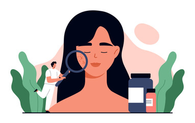 Couperose concept. Dermatologist doctor holding magnifying glass and examining rosacea on woman face. Dermatology treatment and skincare. Isolated vector illustration in cartoon