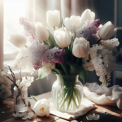 A bouquet of spring flowers in a vase on a windowsill in soft light