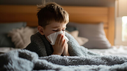 A young boy appears unwell as he blows his nose into a tissue while lying on a cozy bed with a plush gray blanket.