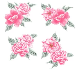 Deurstickers Watercolor Bouquet of flowers, isolated, white background, pink roses and green leaves © Leticia Back