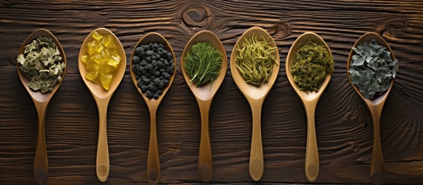 A row of wooden spoons filled with different types of herbs including bladderwrack, sea lettuce, kelp, wakame, and Irish moss, displayed on a rustic wood background.