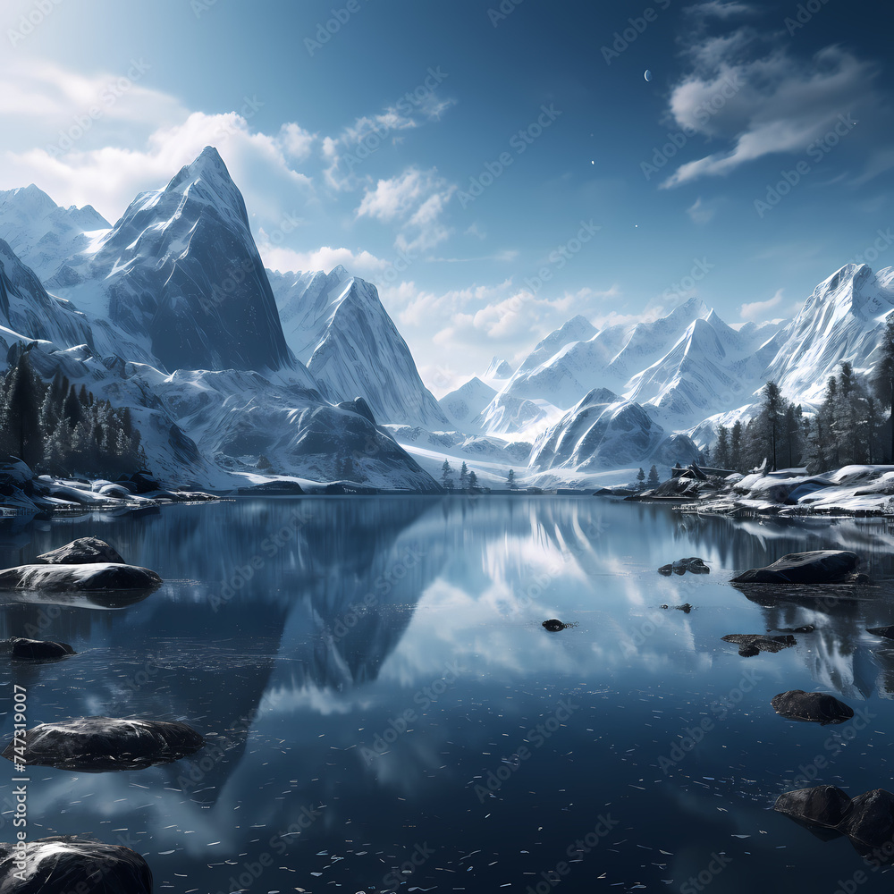 Poster A serene lake surrounded by snow-covered mountains