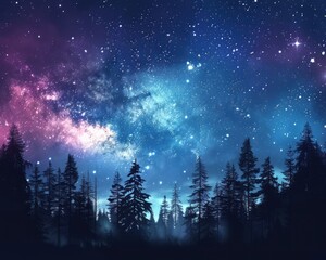 Dark Woods of the Cosmos. Journey Through the Galactic Night. Amidst the Tall Trees of the Forest, the Milky Way Stretches Across the Night Sky