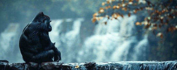 King Kong Relaxes Waterside. In the Heart of Nature's Haven, This Primate Monarch Enjoys a Moment of Tranquility Amidst the Cascading Waters - obrazy, fototapety, plakaty