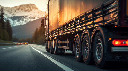 Close-up of a cargo truck on the road at sunset