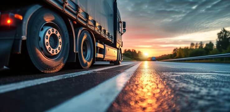 Close-up of a cargo truck on the road at sunset