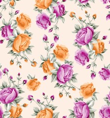 Watercolor flowers pattern, purple and yellow tropical elements, green leaves, white background, seamless