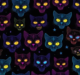 Fotobehang Neon-colored cute cat cartoon faces and skulls head seamless various expressions on a black background with stars and pentagrams © Farjana Fim