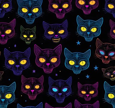 Neon-colored cute cat cartoon faces and skulls head seamless various expressions on a black background with stars and pentagrams