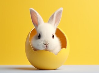 Fototapeta na wymiar Adorable Easter Bunny Peeking from a Yellow Egg on Vibrant Background. Easter Concept