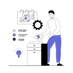 Schedule management. Planning, organizing work tasks, making calendar appointments and to do list. Business and organization concept. Vector illustration with line people for web design.