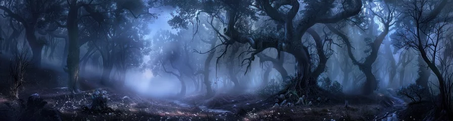 Wandcirkels tuinposter Journey Through the Mystical Forest. In the Heart of Nature's Embrace, Where Fog Clings to Every Branch and Shadows Dance in the Dim Light © Thares2020