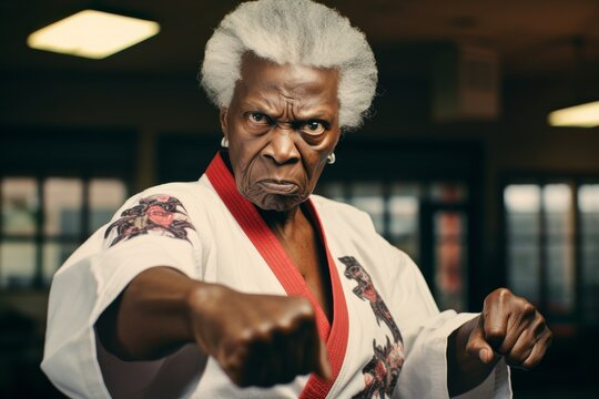 martial arts training as a determined karate Grandma displays a powerful expression, embodying the discipline and focus required for success.